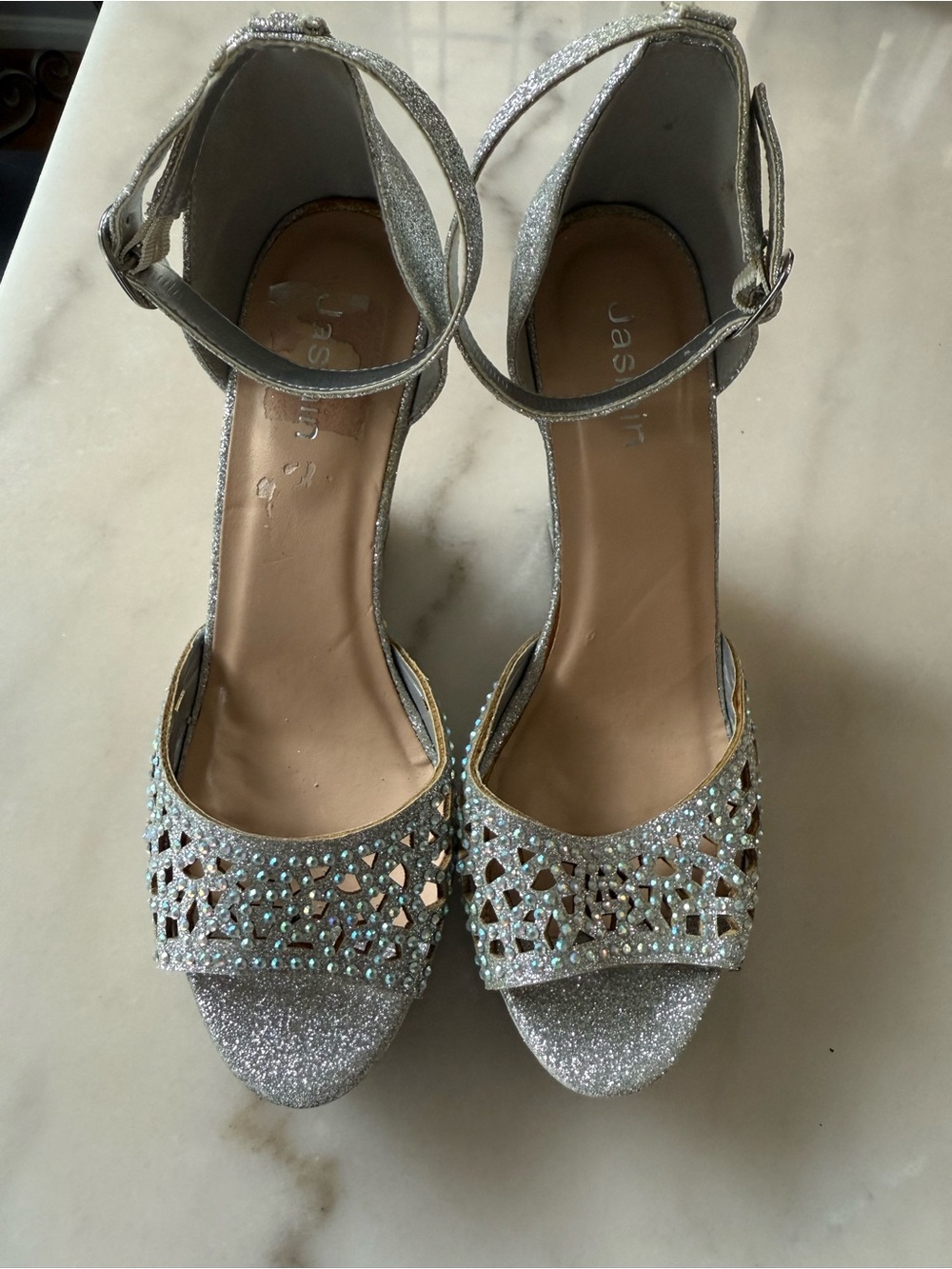 Jasmine Silver Glitter Open-Toe Ankle-Strap Heels with Crystal Cutouts